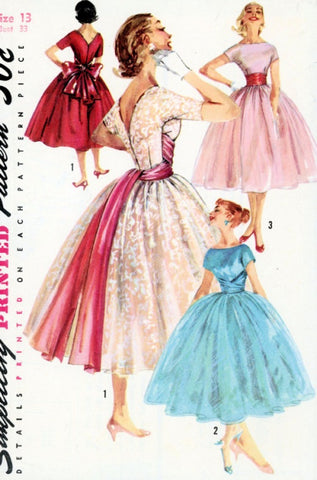 1950s DREAMY Evening Party Dress Pattern SIMPLICITY 1795 Very Full Skirt Bateau Neckline V Back 3 Style Versions Bust 33 Vintage Sewing Pattern