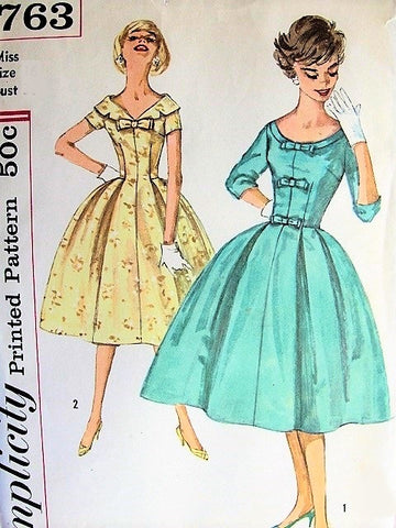 50s BEAUTIFUL Dinner Cocktail Party Dress Pattern SIMPLICITY 2763 Two Neckline Styles Softly Pleated Full Skirt Figure Flattering Evening Dress Bust 38 Vintage Sewing Pattern