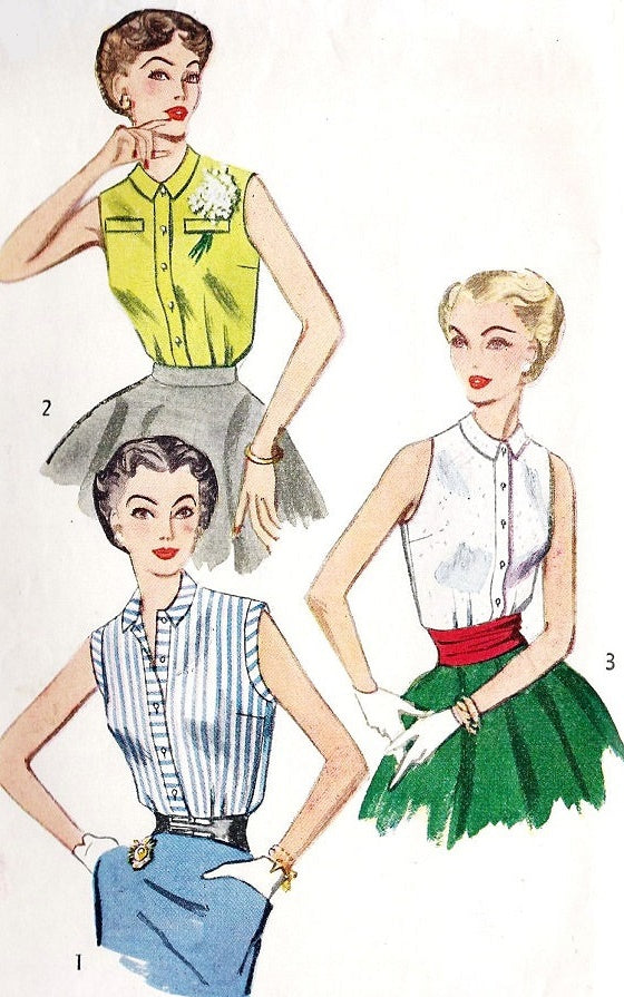 Simplicity 4238 Simple to Make Sleeveless Blouse 1950s Vintage Sewing Pattern Bust 32 Front Button Top