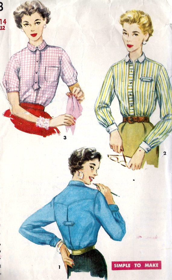 Simplicity 4813 Vintage 50s Sewing Pattern FABULOUS Simple to Blouse Pattern 3 Styles Bust 30
