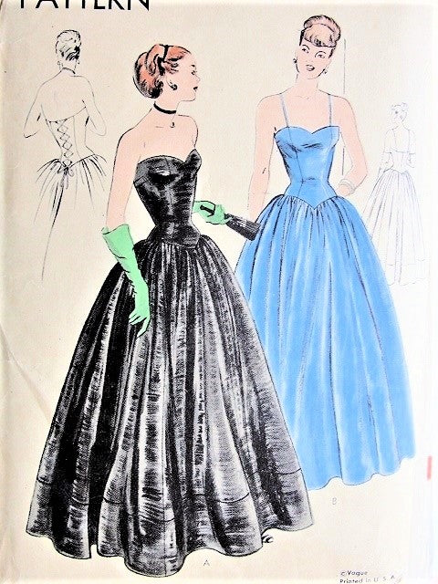 40s GORGEOUS Big Band Era Evening Gown Pattern VOGUE 5915 Stunning Corset Style Lace Up Back, Sweetheart Neckline, Shaped Elongated Waist Bust 30 Vintage Sewing Pattern