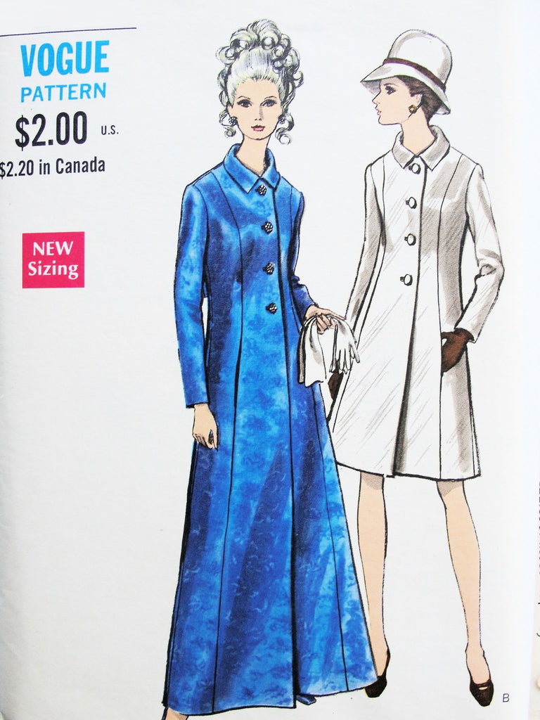 60s MOD Coat Pattern VOGUE 7297 Elegant Day or Formal Evening Maxi Length Semi Fitted A Line, Martingale Belt Bust 38 Vintage Sewing Pattern