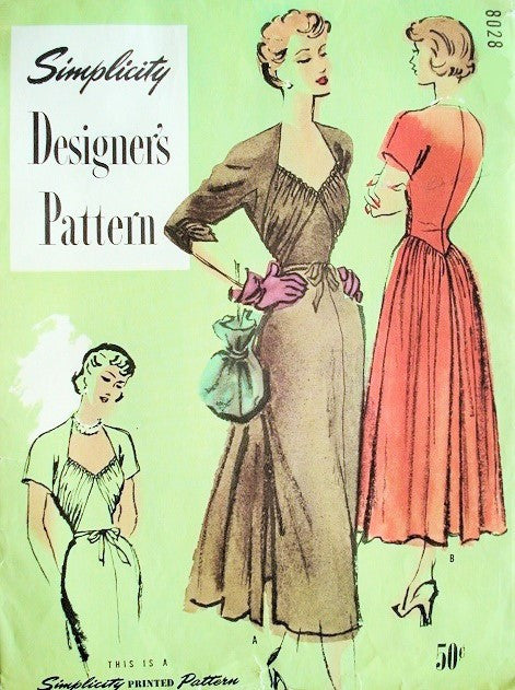 1940s GORGEOUS Party Dinner Evening Dress Pattern Simplicity Designers 8028 Low Shaped Neckline Draped Bodice Flowing Skirt Bust 32 Vintage Sewing Pattern
