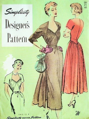 1940s GORGEOUS Party Dinner Evening Dress Pattern Simplicity Designers 8028 Low Shaped Neckline Draped Bodice Flowing Skirt Bust 32 Vintage Sewing Pattern