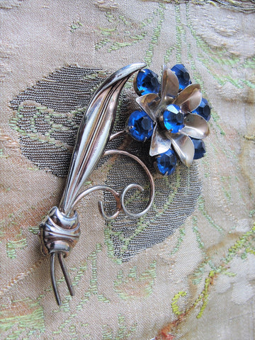 BEAUTIFUL Art Deco Sterling Silver Brooch, Large Floral Silver Brooch, Blue Glass Stones, Figural Brooch, Large Flower Pin Retro Brooch, Collectible Silver Jewelry