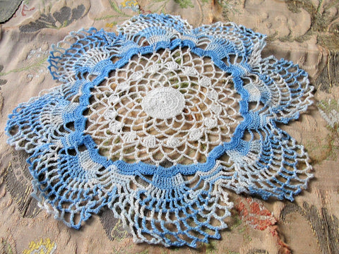CHARMING Vintage Doily, Pretty Blue, Creamy White, Hand Crocheted Doily, Farmhouse Decor, French Country Cottage,Unique Design,Collectible Doilies
