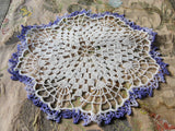 PRETTY Vintage Doily Purple and Creamy White Hand Crocheted Doily Farmhouse Decor, French Country Cottage,Unique Design Collectible Doilies