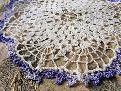 PRETTY Vintage Doily Purple and Creamy White Hand Crocheted Doily Farmhouse Decor, French Country Cottage,Unique Design Collectible Doilies