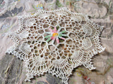 CHARMING Vintage Doily,Beige Pink and Green,Hand Crocheted Doily Farmhouse Decor, French Country Cottage,Unique Design Collectible Doilies