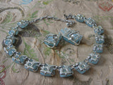 BEAUTIFUL 1950s Signed Designer CORO Blue Lucite Thermoset Panel Necklace and Earrings Set,Light Blue Moon Glow, Silver Tone Metal Necklace, Wear or Collect Vintage Costume Jewelry, Collectible Jewelry