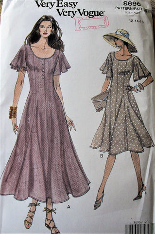 FLATTERING Vogue 8696 Dress Pattern Flutter Sleeves Princess Seams Sizes 12-14-16 Vintage Sewing Pattern UNCUT