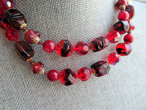 GLAMOROUS Art Glass Necklace, Signed Regency Jewels, Stunning Glass Beads, Double Strand Art Glass Necklace,MCM Red Glass, Collectible Vintage Jewelry