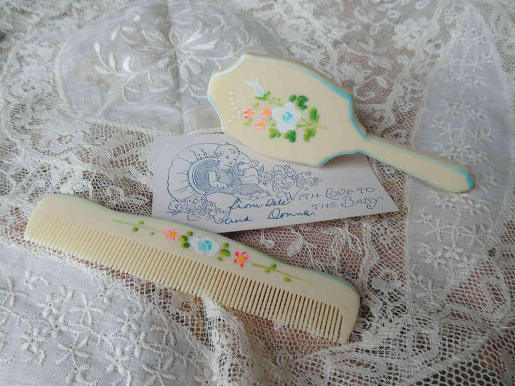 VINTAGE Sweet Hand Painted Baby Hair Brush Comb Set, FRENCH Ivory Celluloid, Pink Blue White ROSES Flowers, Baby Shower Gift, Doll Prop, Vanity,Collectible Vintage Baby Items