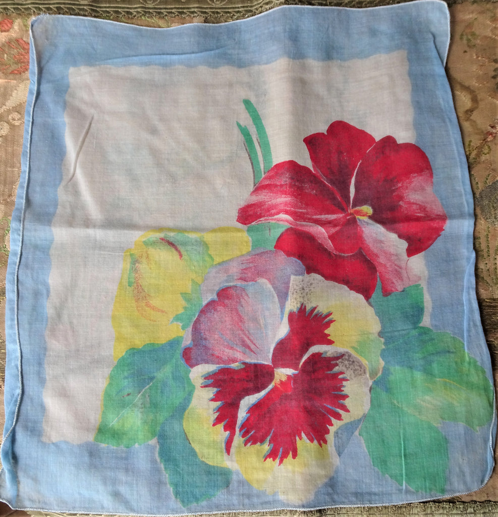 BEAUTIFUL Printed Floral Hanky, Pansy Pansies Handkerchief To Frame, Collectible Hankies,1950s Vintage Hankies, 50s Hanky, 50s Handkerchiefs, Mid-Century Hankies