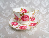 SUMPTUOUS Pink Cabbage Roses Teacup and Saucer, English Bone China, Radfords, Gold Leaves, Collectible Vintage Cups and Saucers