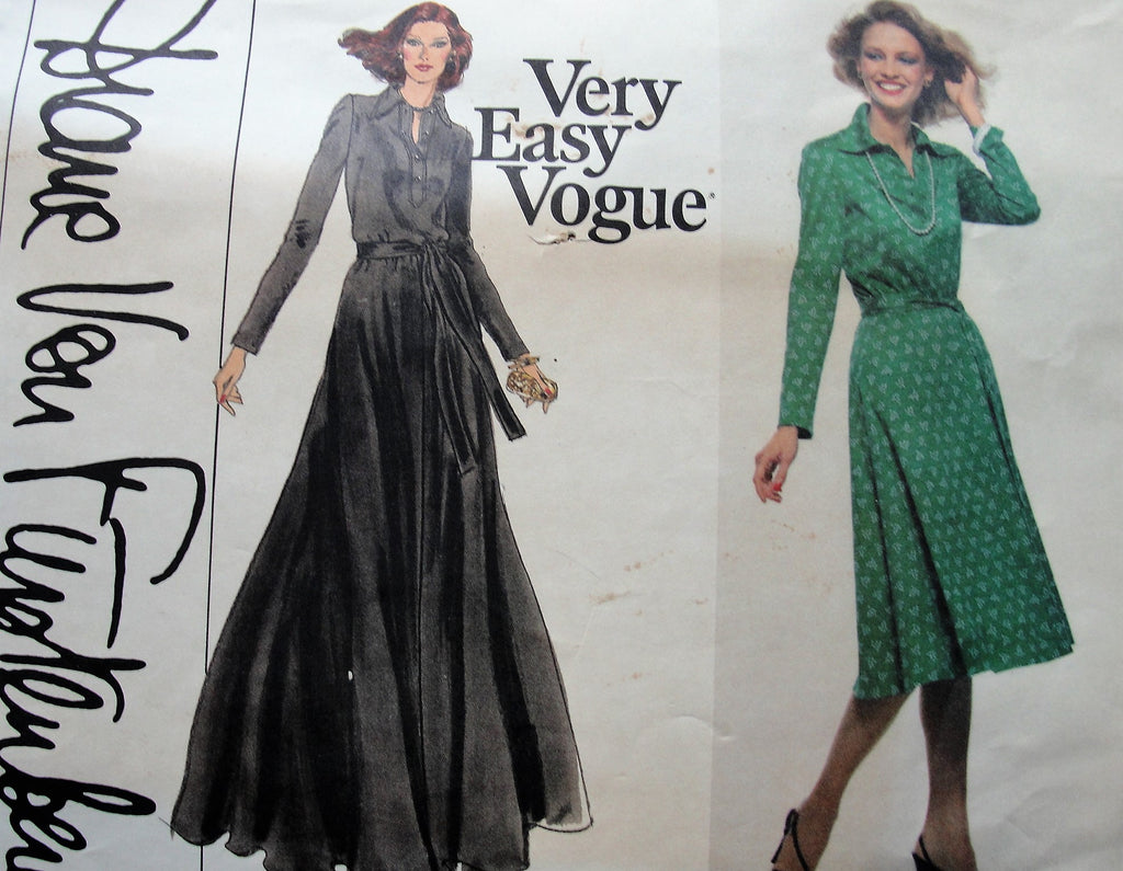FAB 70s Diane Von Furstenberg Shirtwaist Dress Pattern,Very Easy Vogue 1730 Classy Tab Front, Pointed Collar,Flared Skirt,Fitted Bodice Bust 32 Vintage Sewing Pattern