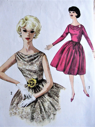 60s FABULOUS Cocktail Party Dress Pattern SIMPLICITY 4168 Full Skirt Evening Dress Flattering Cowl Draped Neckline Sleeveless Version Bust 36 Vintage Sewing Pattern