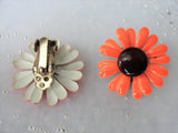 VINTAGE 1960s Enamel Metal Figural Flower Floral Earrings,Mod Orange and Brown Clip Ons,Collectible Costume Jewelry