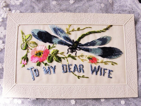 Original WW I Silk Embroidered Souvenir Postcard from France Beautiful Embroidery DragonFly Flowers