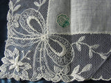 BEAUTIFUl Vintage 1950s BRIDAL WEDDING Handkerchief Irish Linen WIDE Lace Ribbons Hankie Special Bridal Hanky