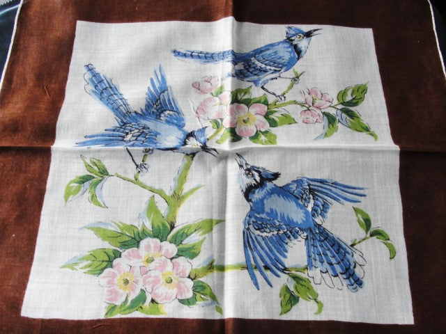 BEAUTIFUL Vintage Printed Hanky BIRDS Hankie BlueJays Blue Birds Handkerchief Lovely To Frame