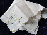 Lovely Vintage Hand Embroidered Swiss Hankie BRIDAL WEDDING HANDKERCHIEF Special Hanky Daisies Flowers Embroidery