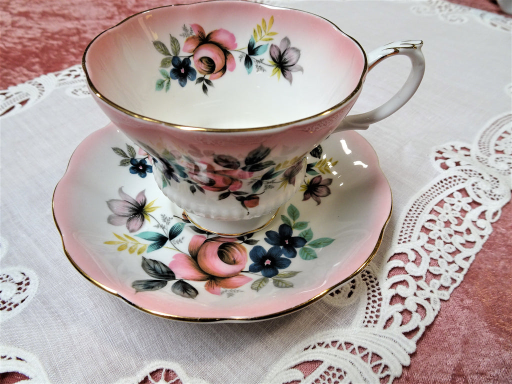 CHARMING Royal Albert English Bone China Teacup and Saucer,REFLECTION Series,Pink Roses,Pedestal Cup,Collectible Vintage Teacups