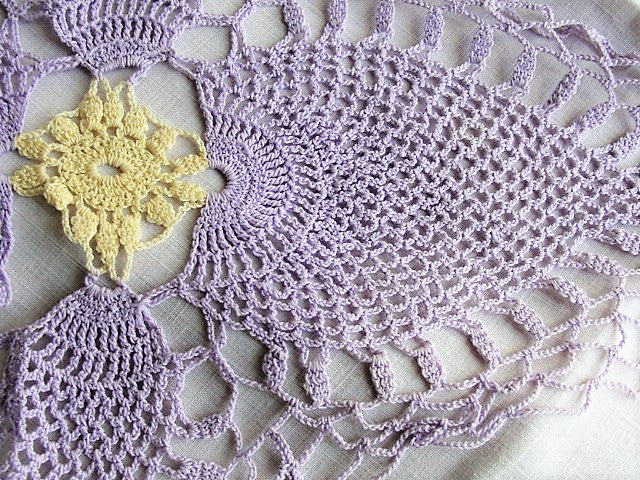 VINTAGE Pretty Lavender and Buttery Yellow Doily, Hand Crocheted Centerpiece, Farmhouse Decor, French Cottage Decor, Collectible Vintage Doilies