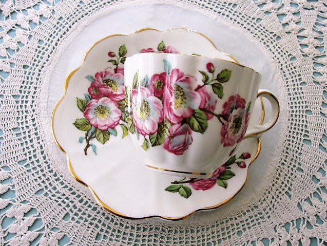 CHEERFUL Vintage English Tea Cup and Saucer Pretty PINK Flowers for Bridal Luncheons,Showers,Hostess Gift, Bridesmaid Gift, Wedding