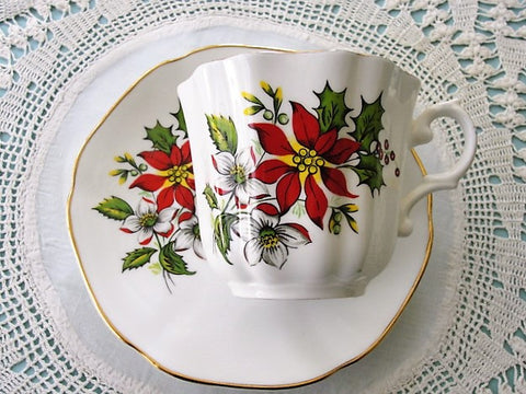 CHEERFUL Christmas Poinsettia Flowers Vintage Teacup and Saucer English Bone China Holiday Cup and Saucer Xmas TeaTime