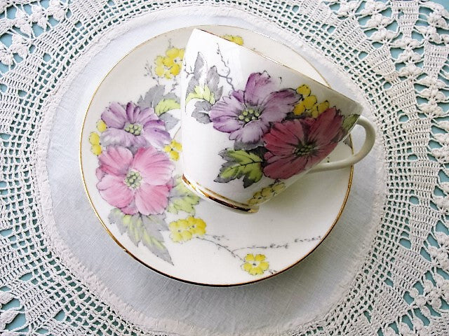 CHEERFUL Vintage English Foley China Tea Cup and Saucer BEGONIA Pattern PINK Hand Painted Flowers for Bridal Luncheons,Showers,Hostess Gift, Bridesmaid Gift, Wedding,  Tea Party