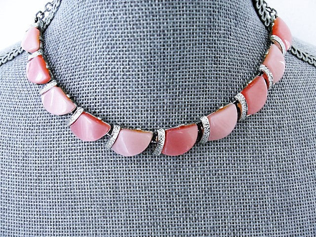 LUSH 1950s Signed Designer CORO Pink Moon Glow Thermoplastic and Silver Tone Metal Necklace Wear or Collect Vintage Costume Jewelry