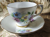CHARMING Pansy Flowers Teacup and Saucer Delphine English Bone China Sweet Pansies Vintage Cup and Saucer Tea Time China