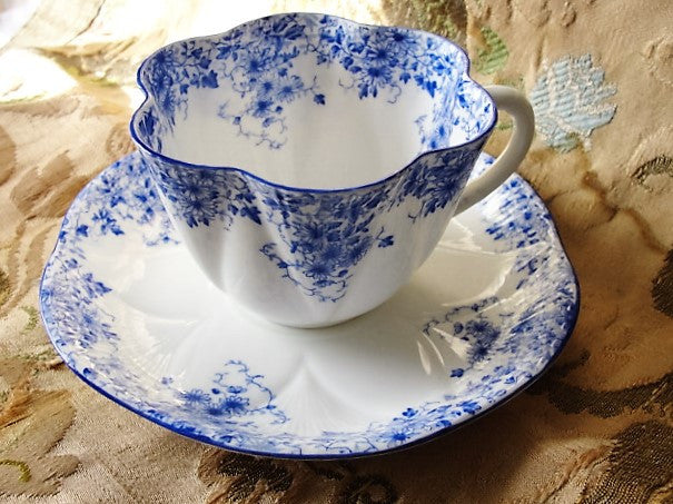BEAUTIFUL Antique Art Deco Shelley TeaCup and Saucer DAINTY BLUE Fluted Cup and Saucer Fine English Bone China