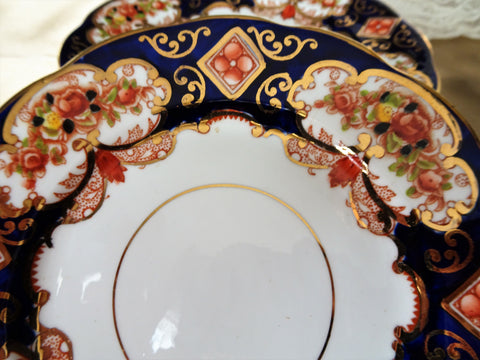 SUMPTUOUS Antique Tea Plates, Set of 6, DERBY Pattern By Royal Albert, Circa 1920s, English Bone China, Lush Hand Painted, Cobalt Blue, Lots Of Gold, Collectible English China