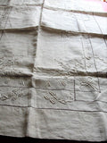GORGEOUS Antique Natural French Linen Small Tablecloth Table Topper Lustrous Raised Embroidery Monogram Fine Vintage Linens
