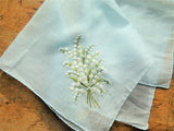 RESERVED GORGEOUS Hand Embroidered Lily of The Valley Hanky,Floral Handkerchief,Sweet Blue Hankie,Special Bridal Wedding Handkerchief, Collectible Vintage Hankies