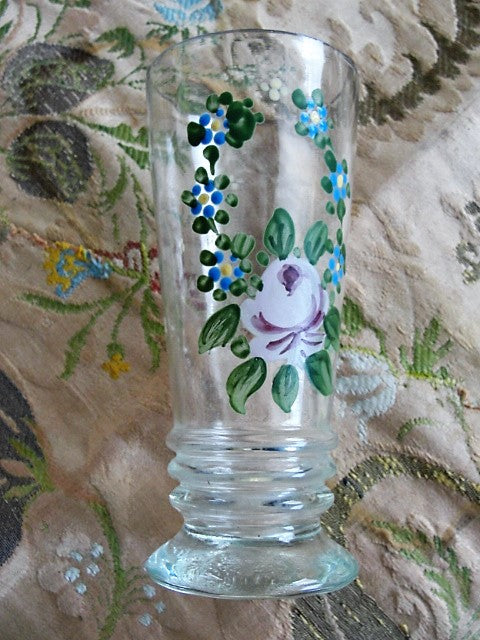 Beautiful Antique Hand Painted Glass Vase Lovely Hand Enamel Painted Pink Rose and Flowers Perfect Vanity Boudoir Shabby Chic Cottage Decor