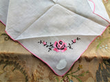 PRETTY Floral Embroidered Hankie,Vintage Handkerchief,Pink Roses, Flowers Embroidery,Wedding Bridal Hanky Gifts,Collectible Hankies