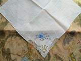 BEAUTIFUL Vintage Swiss Hand Embroidered Hanky, Blue and Pink Flowers, Bobbin Lace Corner,Bridal Handkerchief,Hankie,Never Used,Collectible Vintage Hankies
