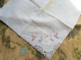 BEAUTIFUL Vintage Swiss Hand Embroidered Hanky, Pink and Purple Flowers, Lace Corner,Bridal Handkerchief,Hankie,Never Used,Collectible Vintage Hankies
