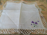 RESERVED LOVELY Vintage Linen and Lace Hanky,Handkerchief, Purple Pansy Flowers,Hand Embroidered Hankie,Collectible Vintage Hankies