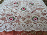 VINTAGE French Lace Centerpiece,Doily,Tray Cloth,Embroidery on Netted Lace, Embroidered Rose Inserts,French Chateau Decor