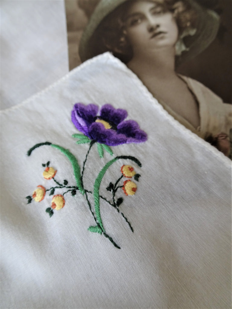 RESERVED PRETTY Hand Embroidered Vintage Hanky, Purple Flower, Handkerchief,Hankie,Collectible Vintage Hankies