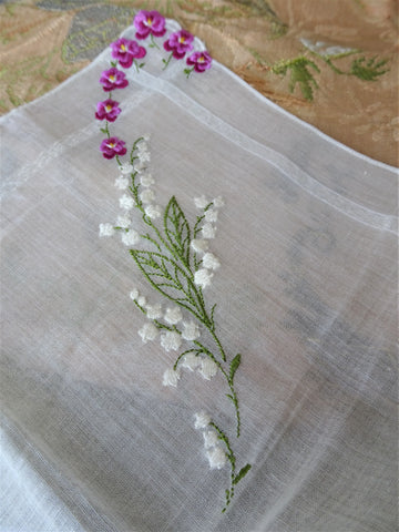RESERVED BEAUTIFUL Vintage Swiss Hand Embroidered Hanky, Pansies and Lily of Valley,Bridal Handkerchief,Hankie,Never Used,Collectible Vintage Hankies