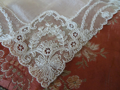 BEAUTIFUL French Art Deco Silk Hanky With Gorgeous Lace,, Suitable to Frame, Flapper Era Hankie,Lovely Vintage Handkerchief, Collectible Vintage Hankies