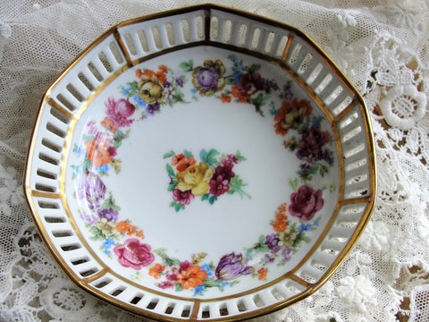 Beautiful Antique SCHUMANN Bavaria Dresden Bowl,Dresden Small Dish, Openwork Reticulated Sides, Colorful Flowers, French Cottage, Chateau Decor