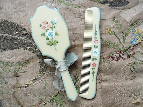 VINTAGE Sweet Hand Painted Baby Hair Brush Comb Set FRENCH Ivory Celluloid Pink White ROSES Flowers Baby Shower Gift Downton Abbey Era