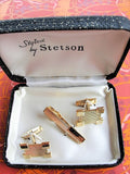 1950s Mid Century STETSON Mens Tie Bar Tie Clip and Cuff Links Boxed Set Hand Engine Turned Mad Men Style Original Black Gold Box Vintage Gentlemen Accessories