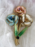 BEAUTIFUL Vintage 1950s Floral Brooch Painted Pink,Blue White Flowers Bouquet Rhinestone Accents Collectible Vintage Costume Jewelry